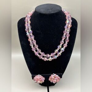Vintage Pink crystal Double Strand Necklace earrings Set